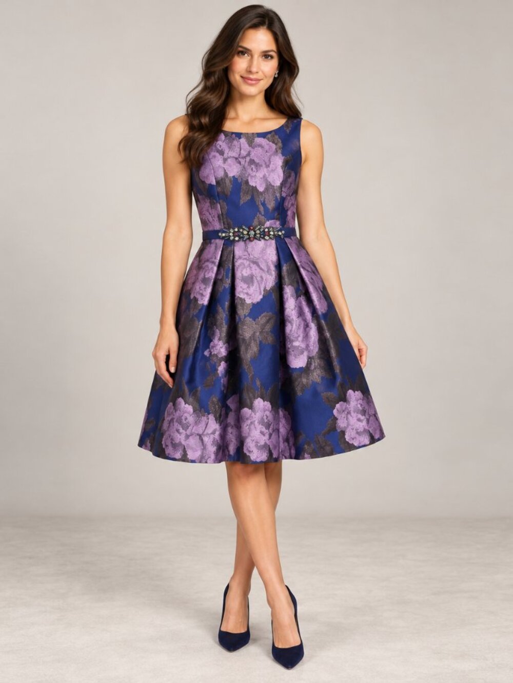 Eliza J Navy Purple Floral Jacquard Fit & Flare Dress Size 4 0865